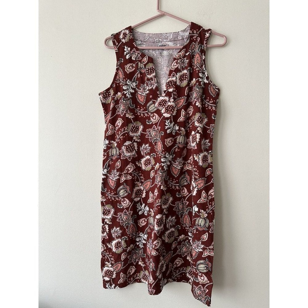 Lands End Tank Dress Floral Print Knee Length Sleeveless Maroon Beige V Neck